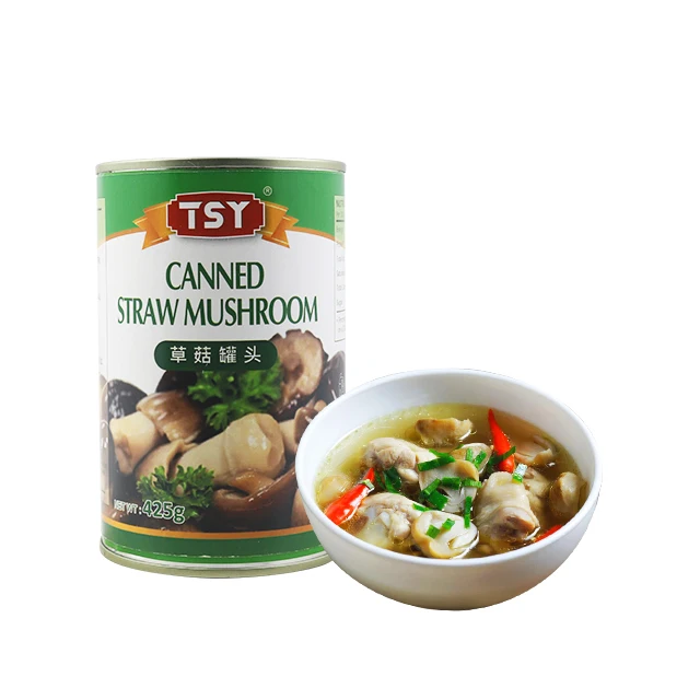 TSY Food Chinese factory Vegetarian Food Vegetables 400g Peeled Wholesales Salted And Tasty Instant Whole Canned Straw Mushrooms