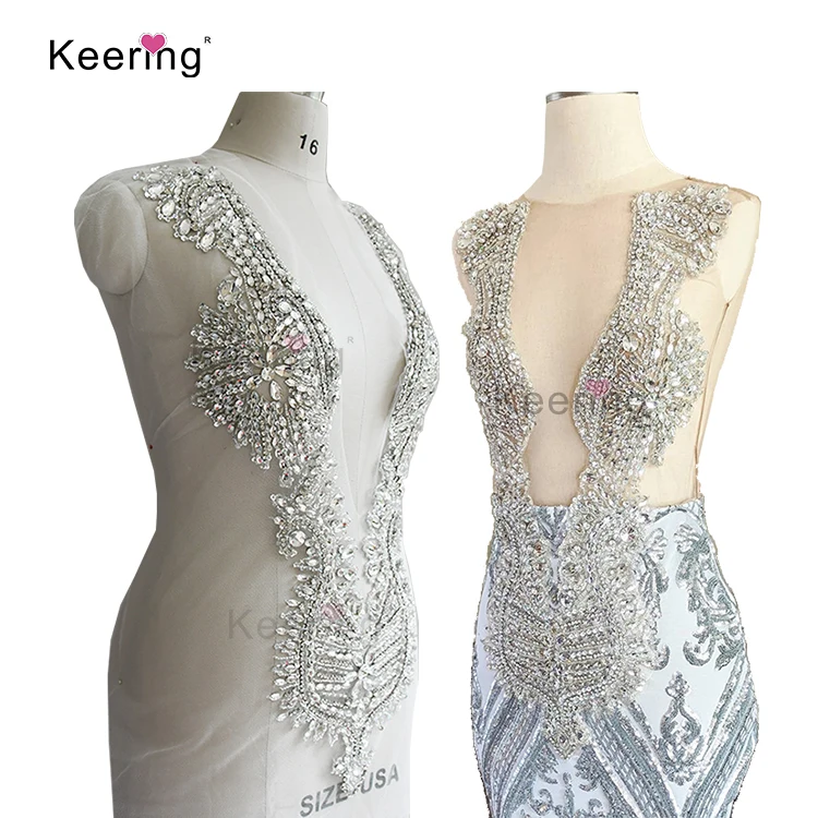 
High end Handmade Keering stock gold glass panel crystal stone bodices applique beading for dress WDP 148  (62170495694)