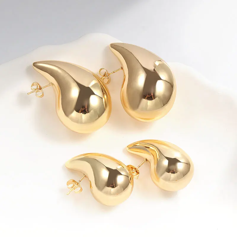 Vintage Gold Plated Metal Chunky Dome Drop Earrings for Women Fashion Glossy Thick Teardrop Earrings Lightweight Hoops Jewelry