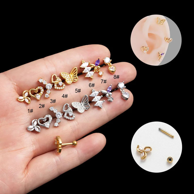 1PC Trendy Zircon Ear Tragus Stud Piercing 316L Surgical Steel Daith Earrings Helix Cartilage Piercing Earring for Women