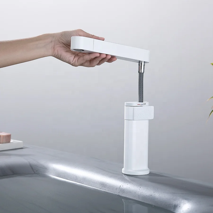 Aideal stylishly designed double control pure white 360 rotating pull out bathroom basin faucet with sensor