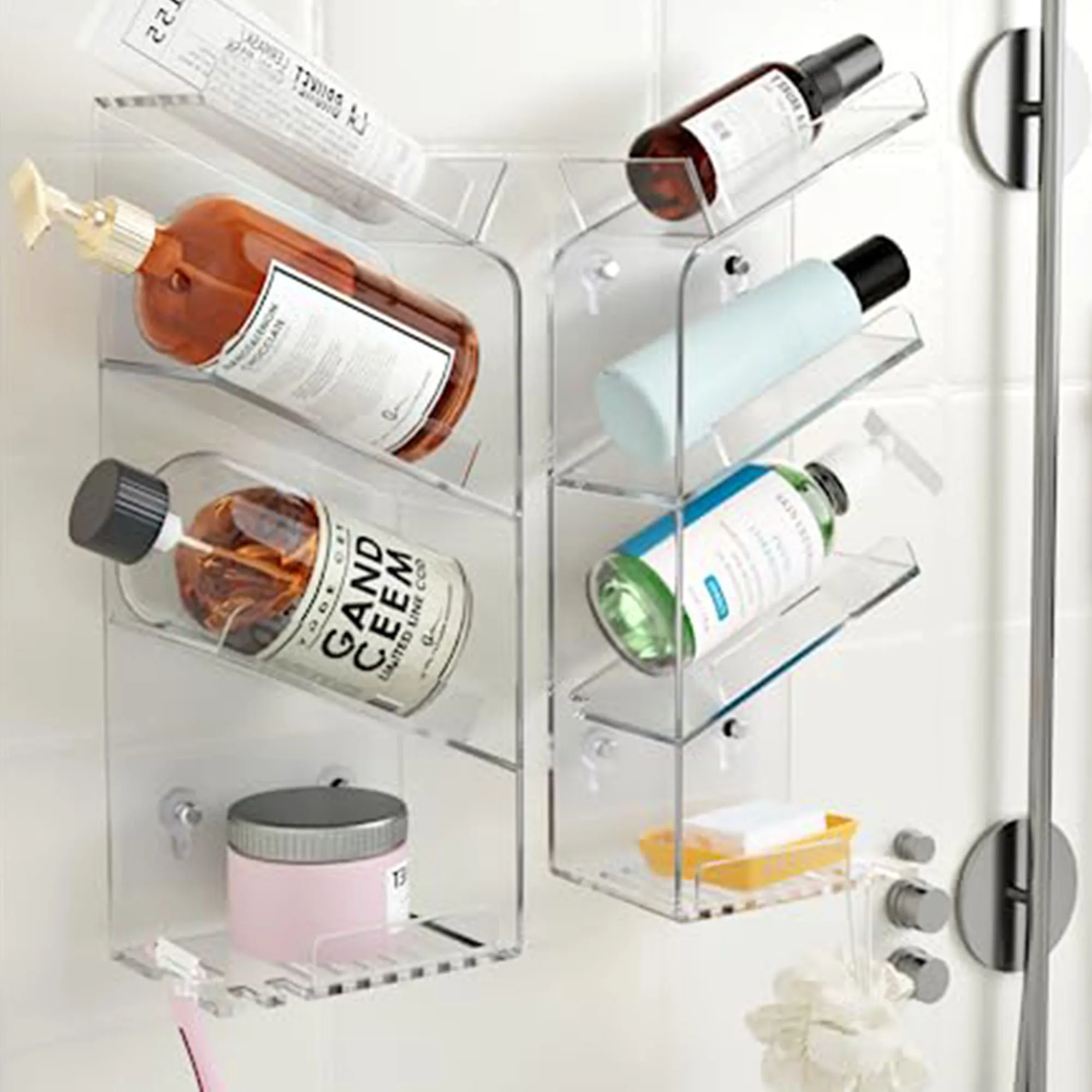 Clear Slanted Shampoo Holder for Shower Wall Mounted, Transparent Adhesive Shower Rack Bathroom Organizer, No Drilling