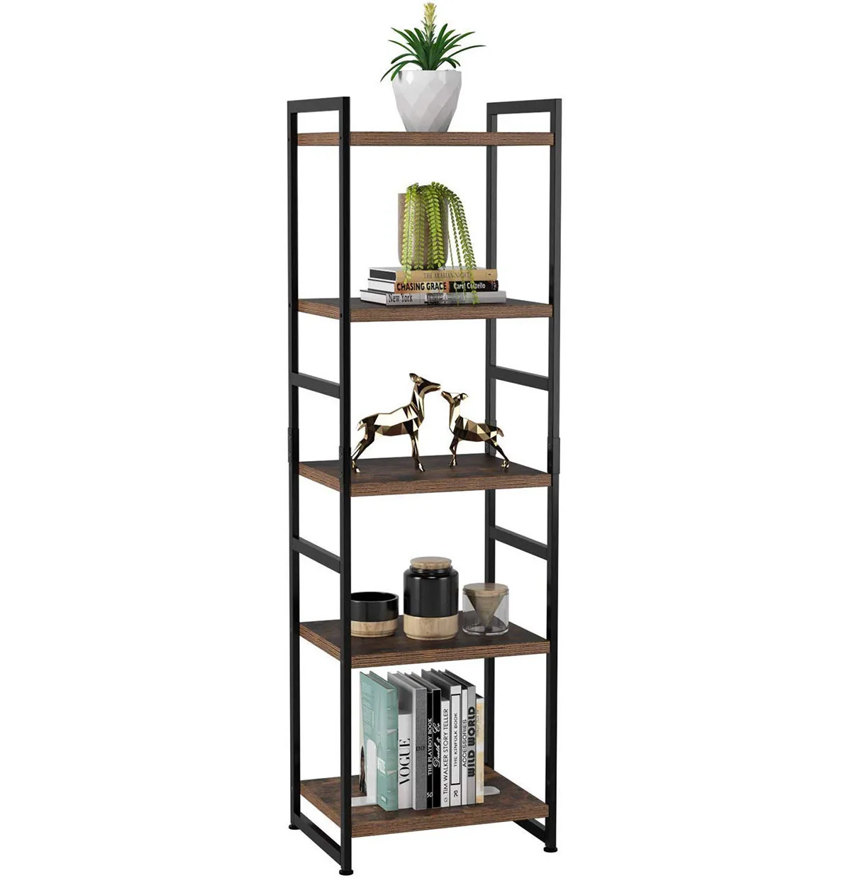 5 Tier Bookshelf,Rustic Standing Bookshelves Metal Frame Display Rack for Living Room,Bedroom