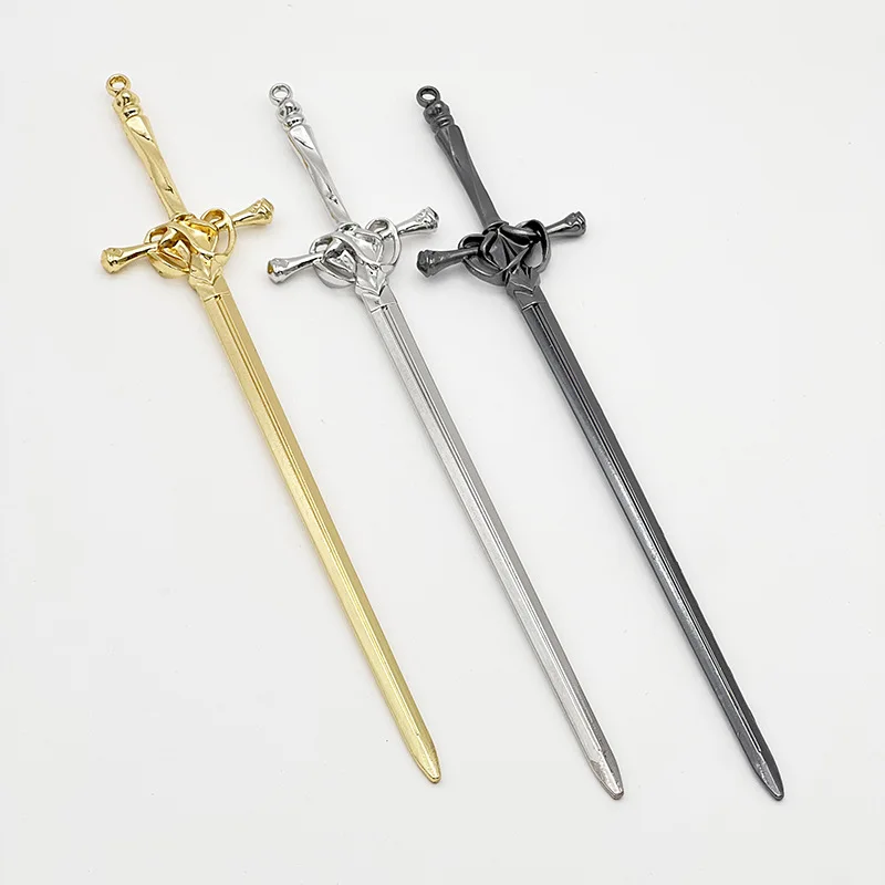 20.5cm Long Alloy Sword Hairpin Metal Hair Stick Forks With Red Rhinestone tassel For  DIY Ancient Style Hanfu Headwear