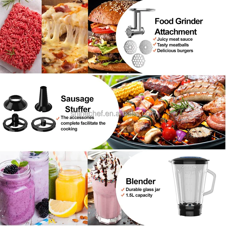 1300W Food Processor Kitchen Appliances 5L Stainless Steel Bowl Electric LED Display Stand Foods Mixer With Meat Grinder Blender