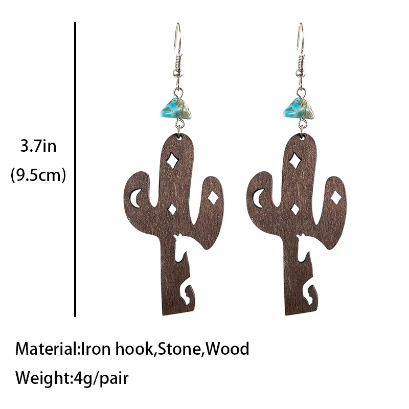 Western Cowboy turquoise Wooden Cactus Earrings Hollow Cow Horse Star Retro European American Style Earrings Jewelry Wholesale
