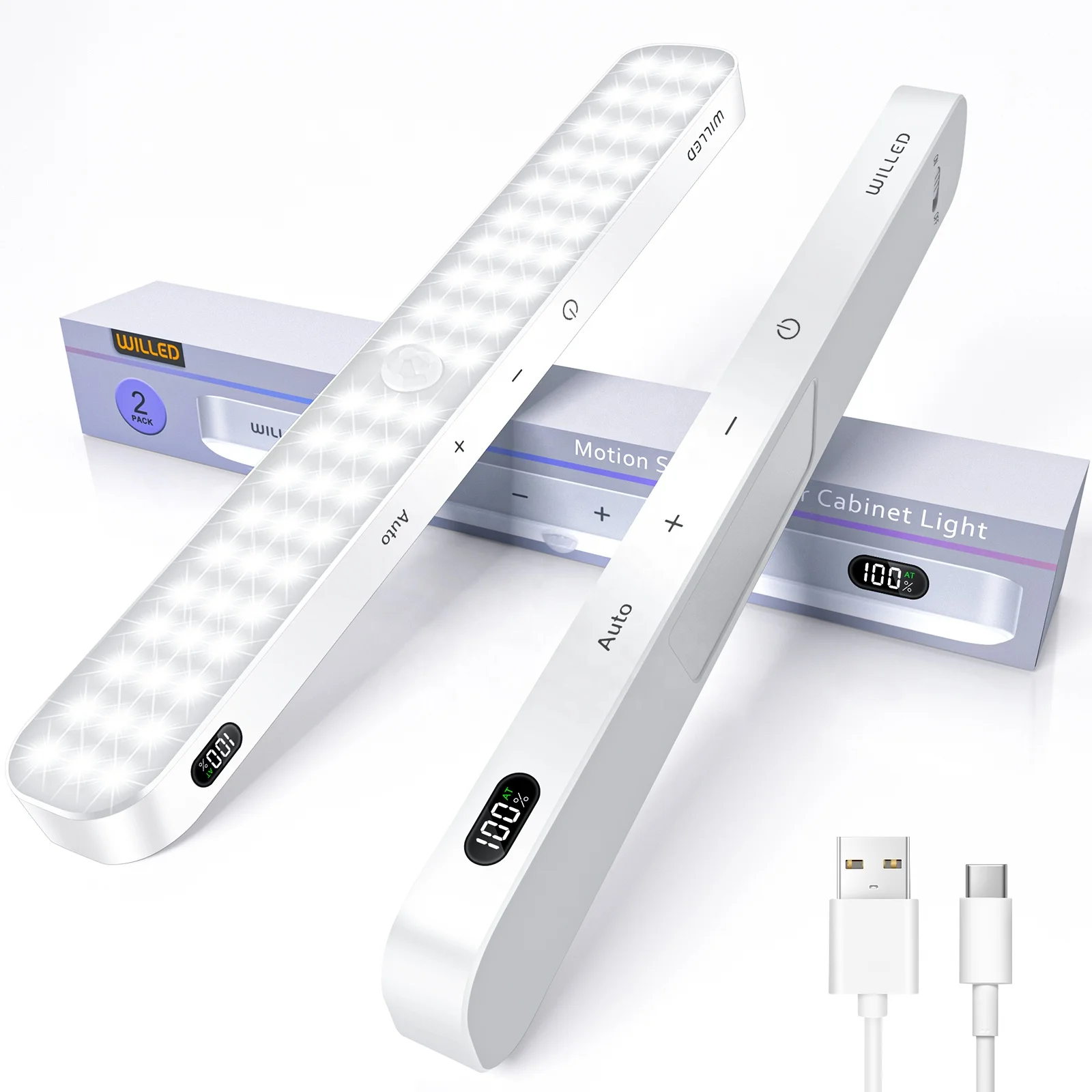 Motion Sensor Under Cabinet Light , Battery Display, 60 LED Touch Light Bar, Rechargeable, Stick on, Wardrobe, Closet, Counter