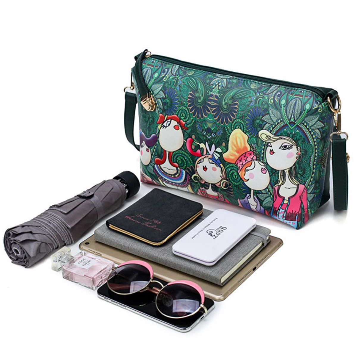 
Custom Special Luxury Green Cup Holder 6PCS Designer Graffiti Elegant Shoulder Purse Ladies Bag Femme Handbag Set For Women 