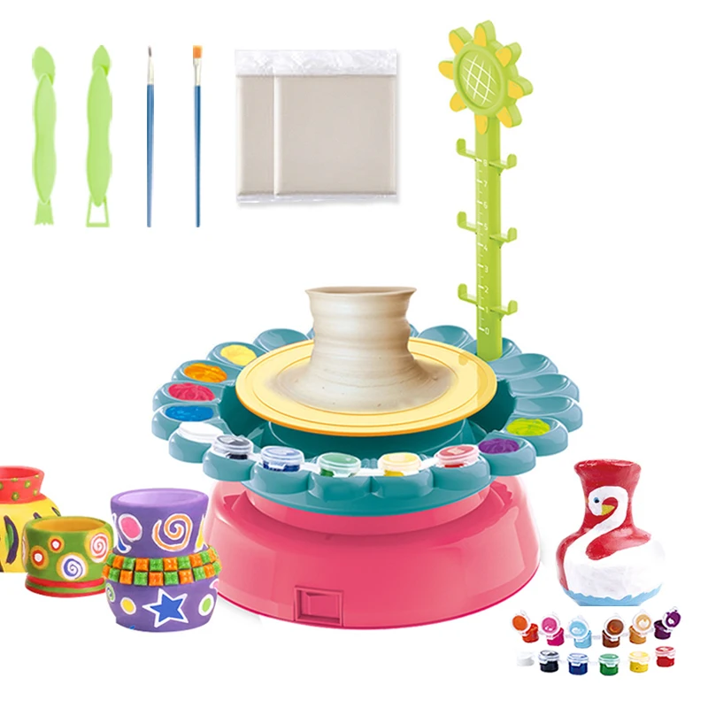 Custom Popular Art And Craft Activity Kit Kid Clay Pottery Wheel Making Painting Toy Diy Sunflower Educational Toys For Children