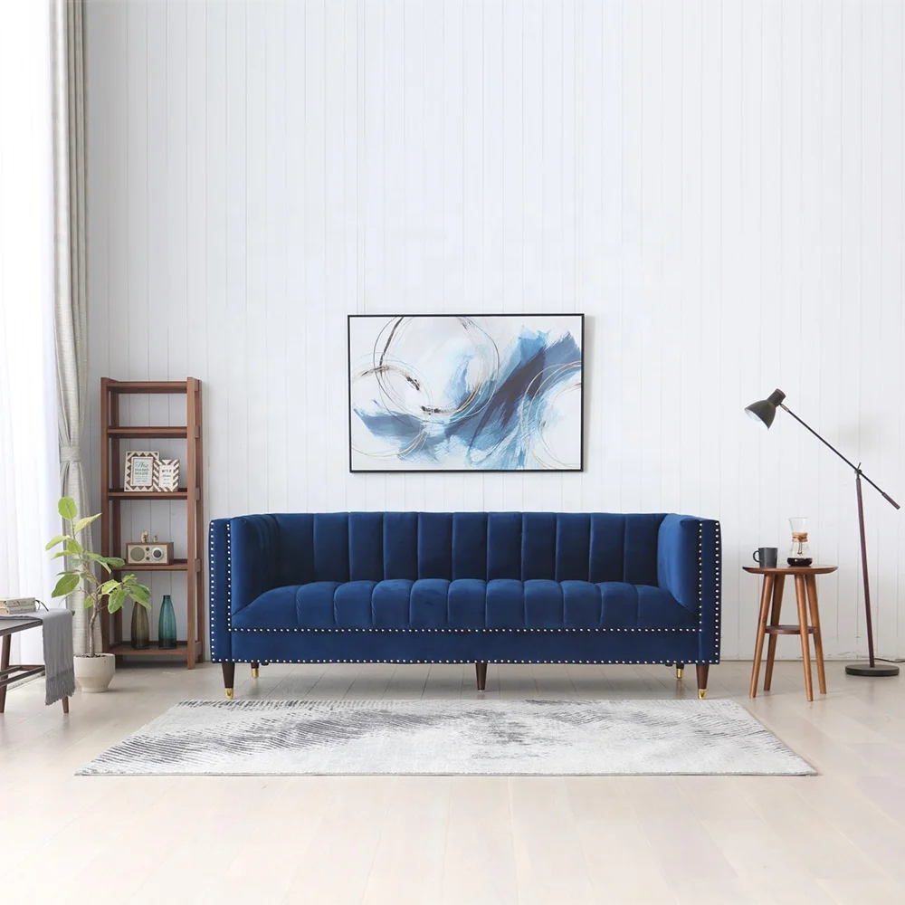 Гостиная 3-местный бензиновый Королевский Темно-синий бархатный диван chesterfield, современный смокинг, вертикальный канальный диван с ворсом