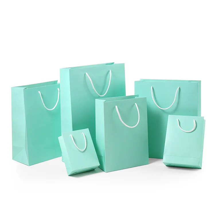 Custom Branded Print Boutique Carrier Bags Small Jewelry Packaging Bag Foldable Teal color Paper Shopping Bag With Logo