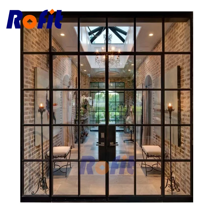 Factory custom rust-proof iron entrance single glass church door Double entrance wrought iron door villa
