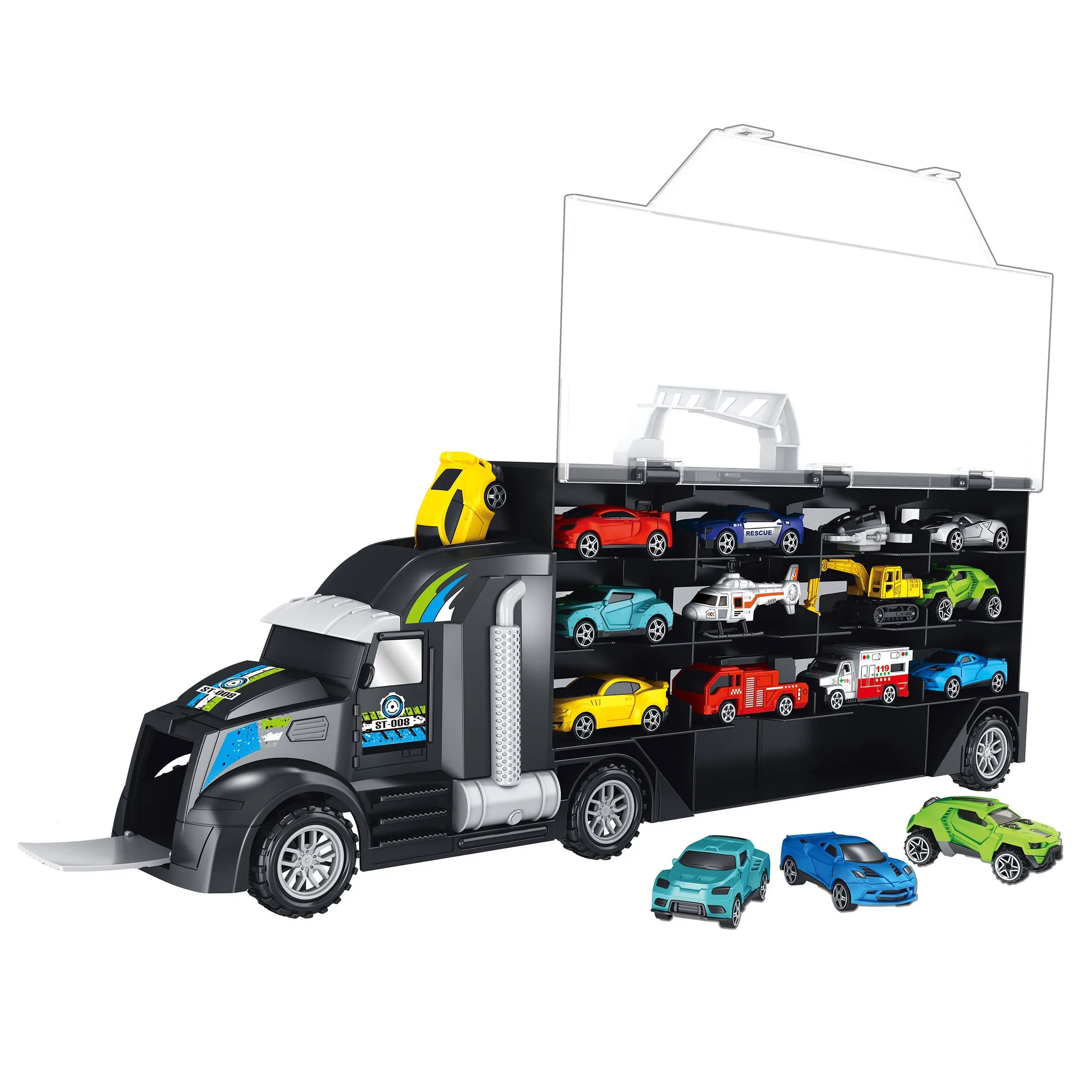 Amazon Hot Selling Plastic Container Truck Parking Lot Slide Truck Carry Case Toys With Small Cars