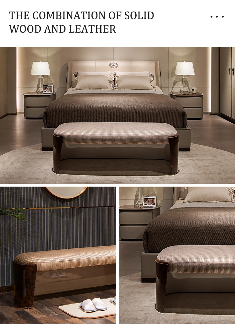Luxury European Bedroom Furniture Bed End Stool Bench Solid Wood Frame Leather Luxury Bed End Stool