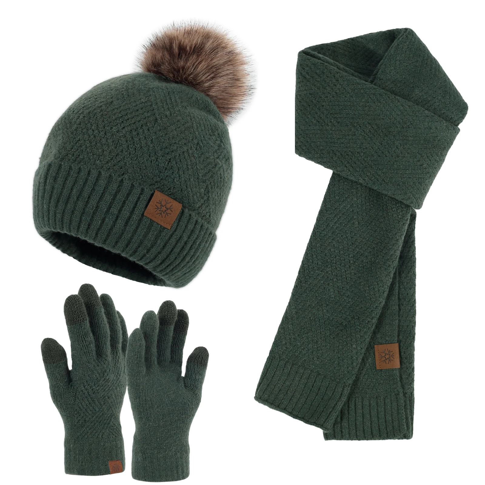 Wholesale unisex adult and kid winter knitted hat set custom label pom pom beanie hat scarf and gloves set