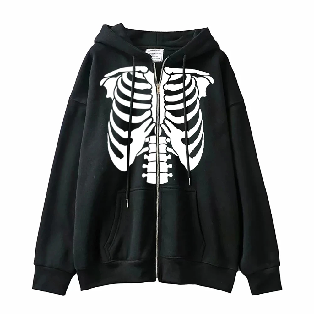 Skeleton Zipper Hoodie Y2K Long Sleeve Sweatshirt Skull Anime Men Women Oversized Hooded Jacket Gothic Loose Streetwear