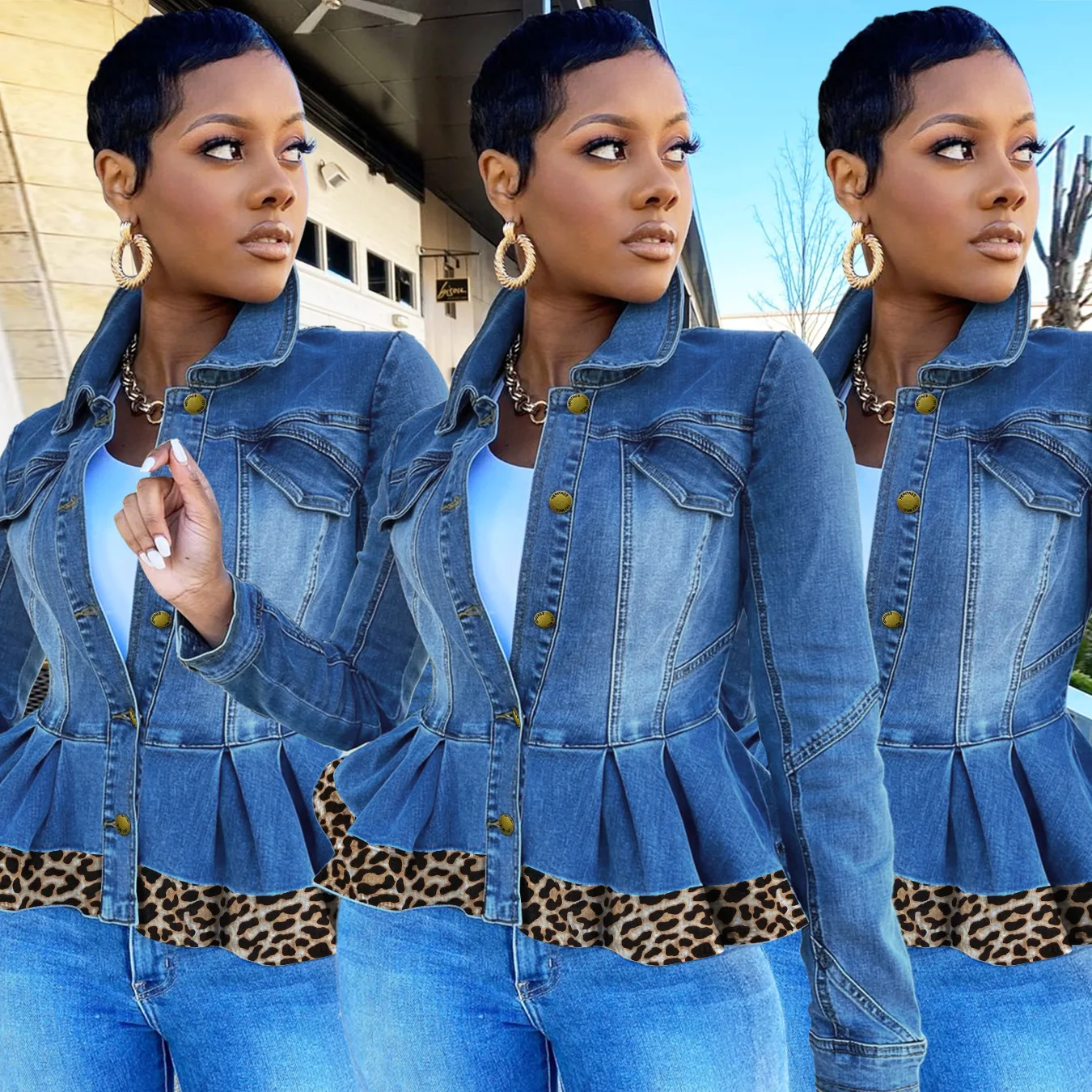 Ladies Denim Jackets Long Sleeve Short Coats Leopard Jeans Jacket Women