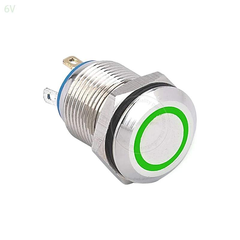 12 мм кольцевой светодиодный зеленый 6 в светодиодный Металлический никелированный латунный водонепроницаемый мгновенный переключатель нормально открытый