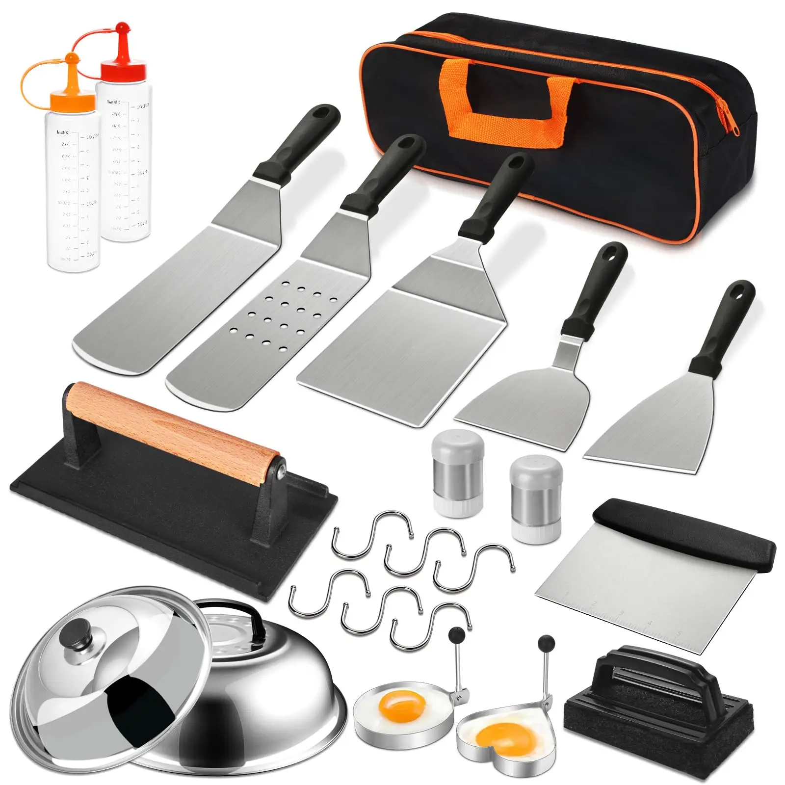 Custom 23 Pcs Stainless Steel Camping Barbecue Spatulas Tool Set Non-slip Bbq Grill Griddle Accessories Set