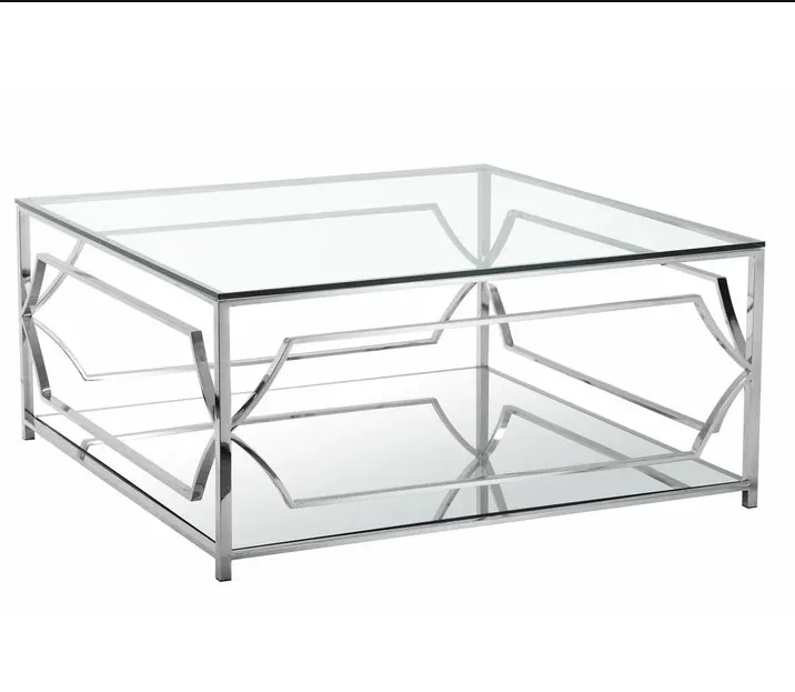 High Fashion Stainless Steel Living Room Center Table Tempered Glass Coffee Table With Storage In Gold or Silver