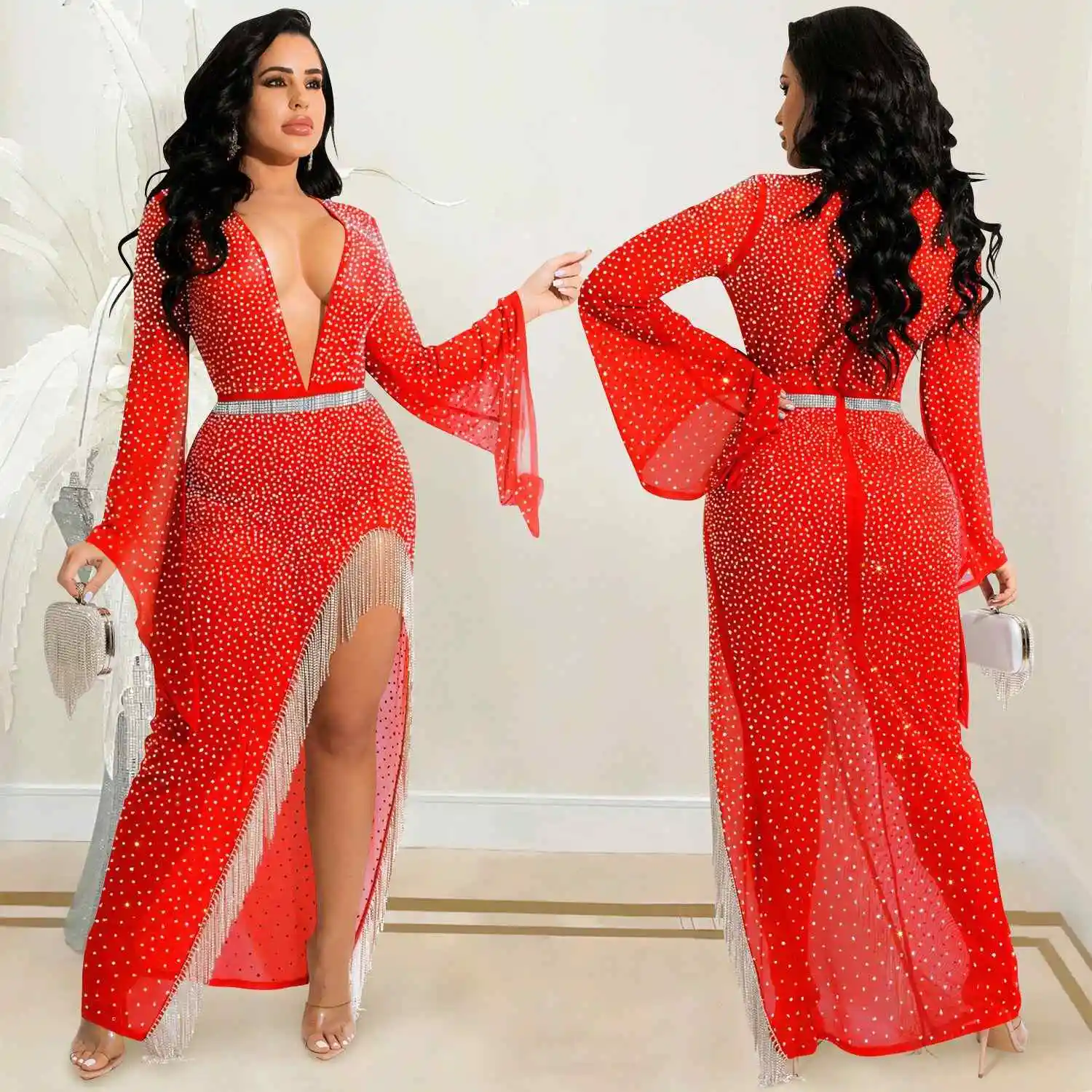New 2022 Long Flare Sleeve Gown Women Sequins Dress Mesh See Through High Split Tassel Club Birthday Party Shinny Slim