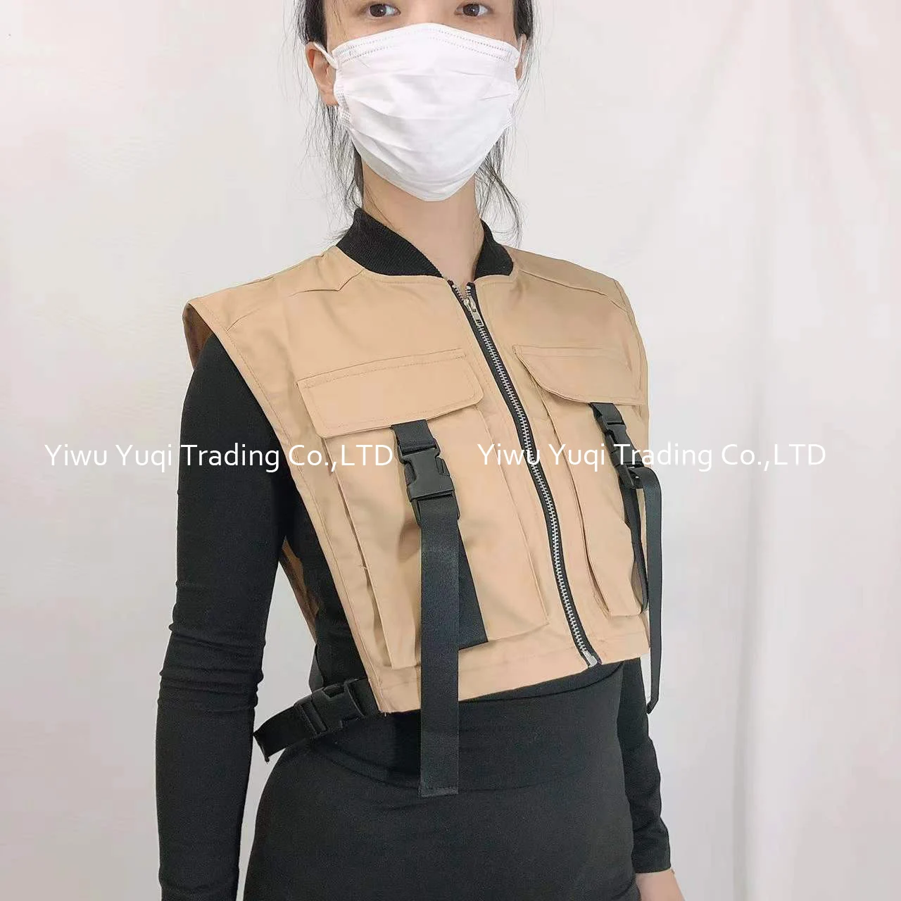 New Design 9 Colors Women Crop Top Fashion Zipper Up Street Cargo Pockets Sleeveless Jacket