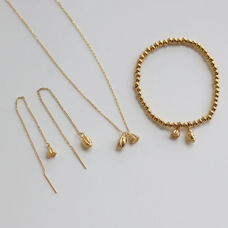 Lotus Seedpod Elastic Gold Bead Bracelet Necklace Long Thin Chain Earring Set Women 18K Stainless Steel Ear Thread Flower Jewels