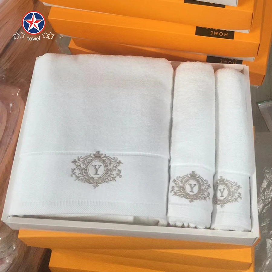 China Factory Wholesale 35*75 cm 70*140 cm custom logo package hand face bath towels sets 100% pure cotton 3 pieces towel set