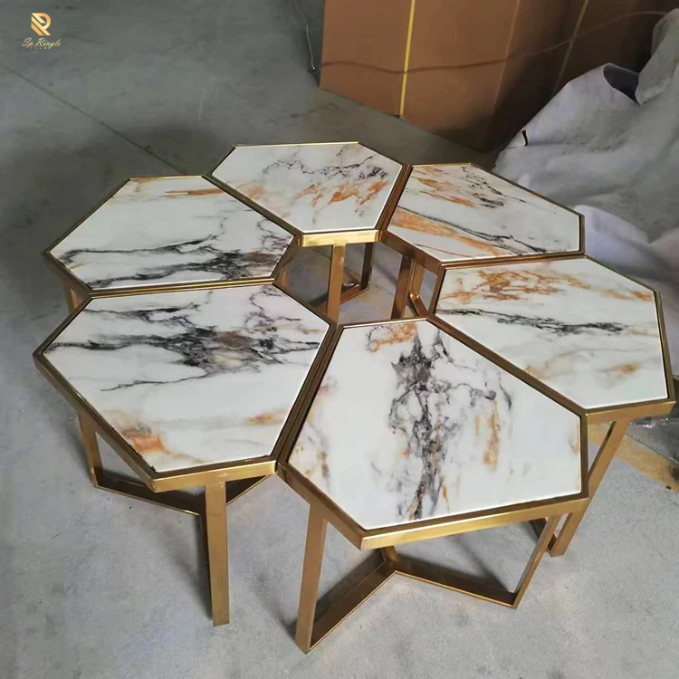 High quality texture white artificial marble table top office conference table interior decor hexagon petals design coffee table