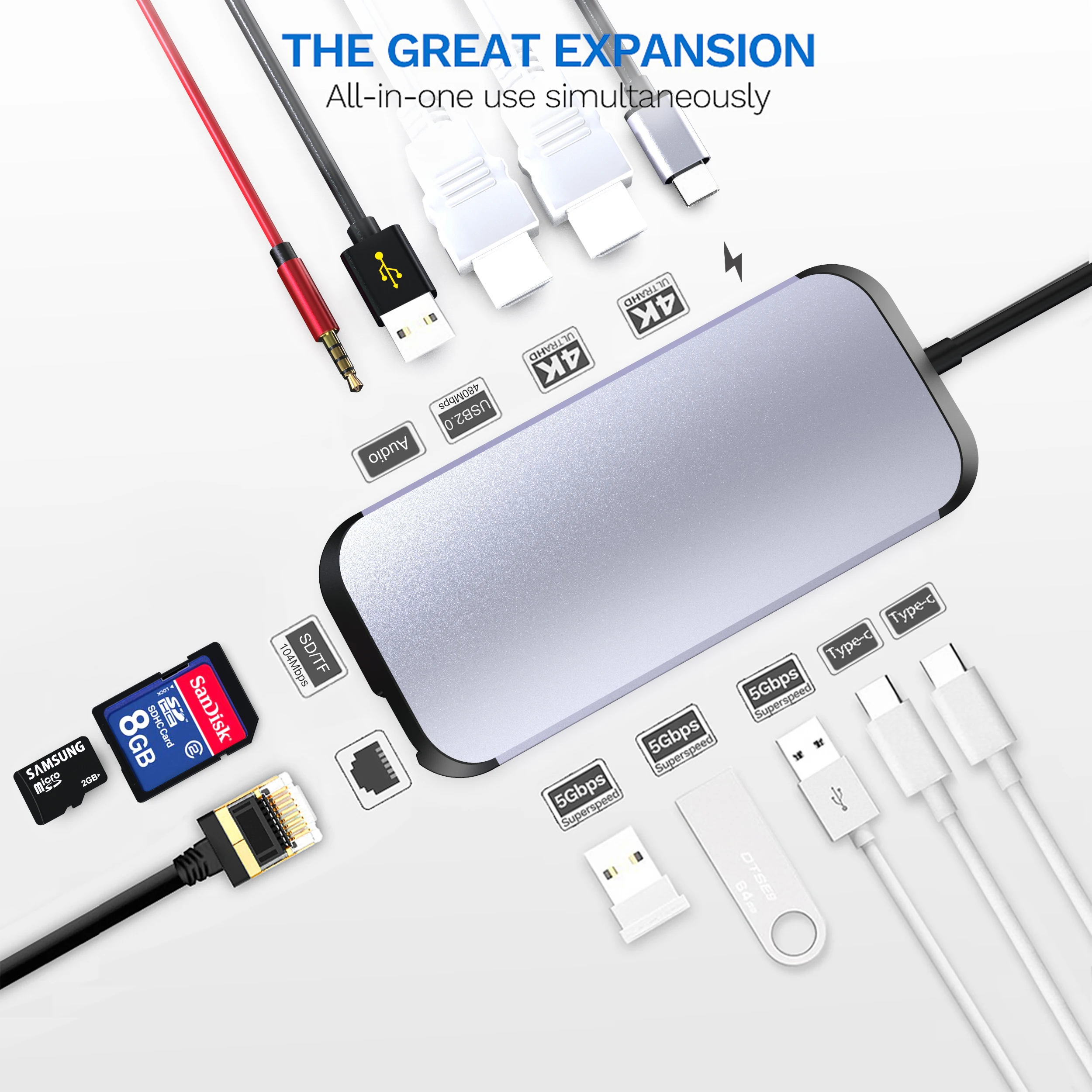 Концентратор HD-MI * 2 PD Audio3.5 TF/SD/RJ45 USB3.0 * 3 USB2.0 передачи данных Type-C • 2 Серый OEM usb Hub 3,0 13 в 1 взаимный обмен данными между компьютером и периферийными устройствами c концентратор hd-mi