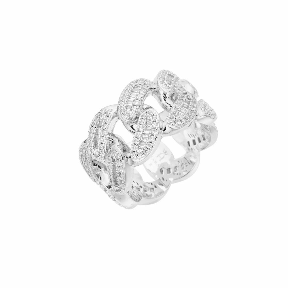 Fine Jewelry Hip Hop Cuban Chain Ring 10k Brass Gold Plated 925 Sterling Silver CZ Vvs Moissanite Diamond Band Ring For Men