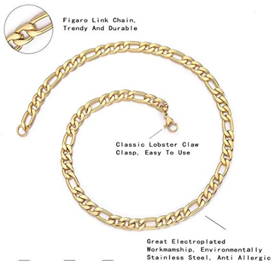 
fashion 60 cm /24 inch hiphop necklace ,4-7.5 mm Figaro stainless steel chain with real 18k gold plating 