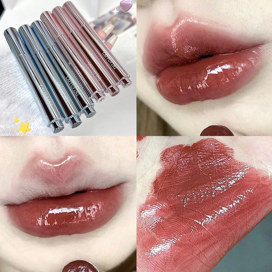 Cappuvini Slim Press Mirror Lipstick Glossy Solid Lip Oil Plumping Lips 6 Colors Nourishing Long Lasting Waterproof