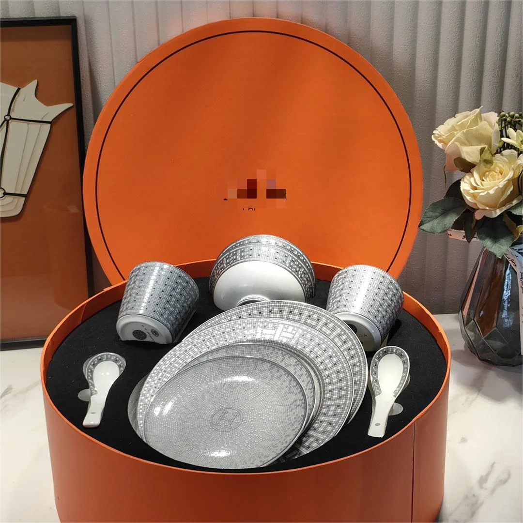 10 Piece Kitchenware Dinnerware Bone Bowl and Plate Dinner Set Kitchen Accessories Gray Dinner Set Western Ceramics China 72 Pcs