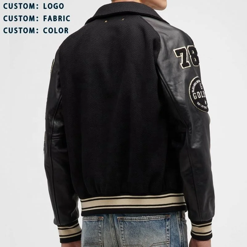 Stand Collar Custom Print Outdoor Jacket Oversize Black Coat Leatherman Varsity Jacket For Men
