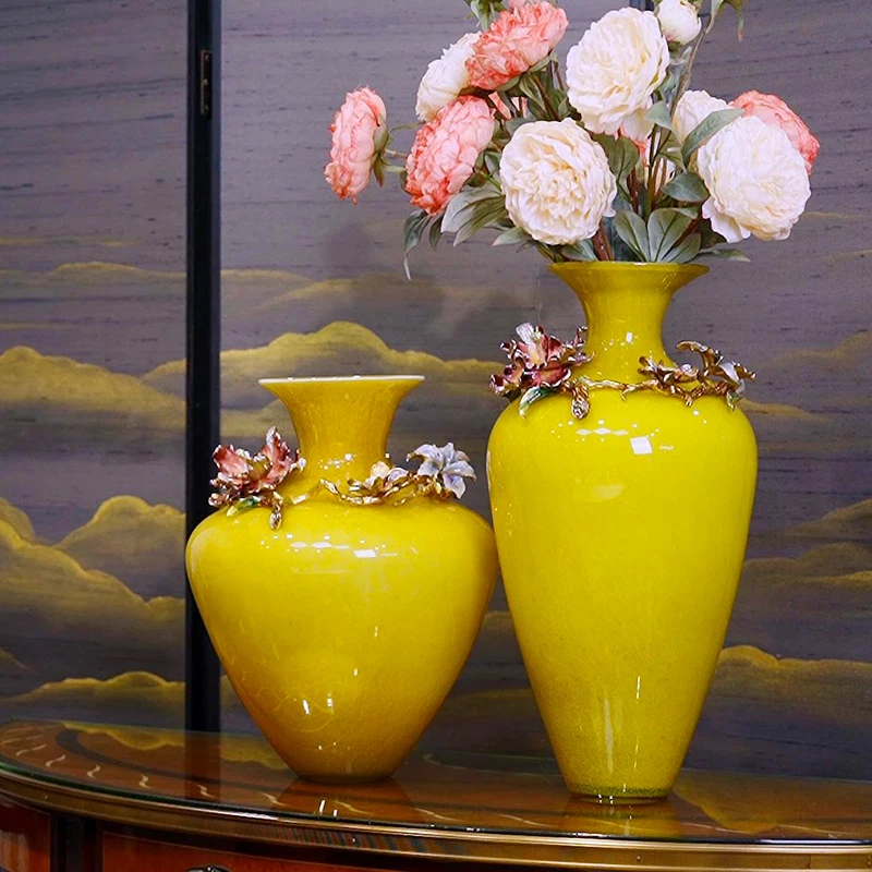 SANLOREN Kitchen Accessories OEM modern luxury home decor enamel yellow flower colored glass vase for home table decorative vase