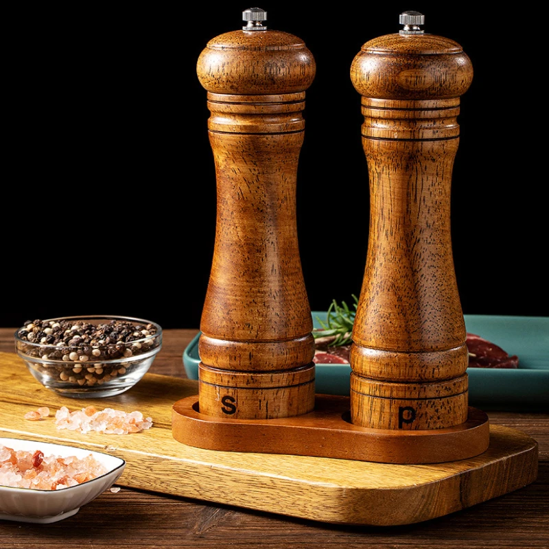 EU Standard Kitchen Tool Wooden Salt and Pepper Grinder Mill With Wooden Tray