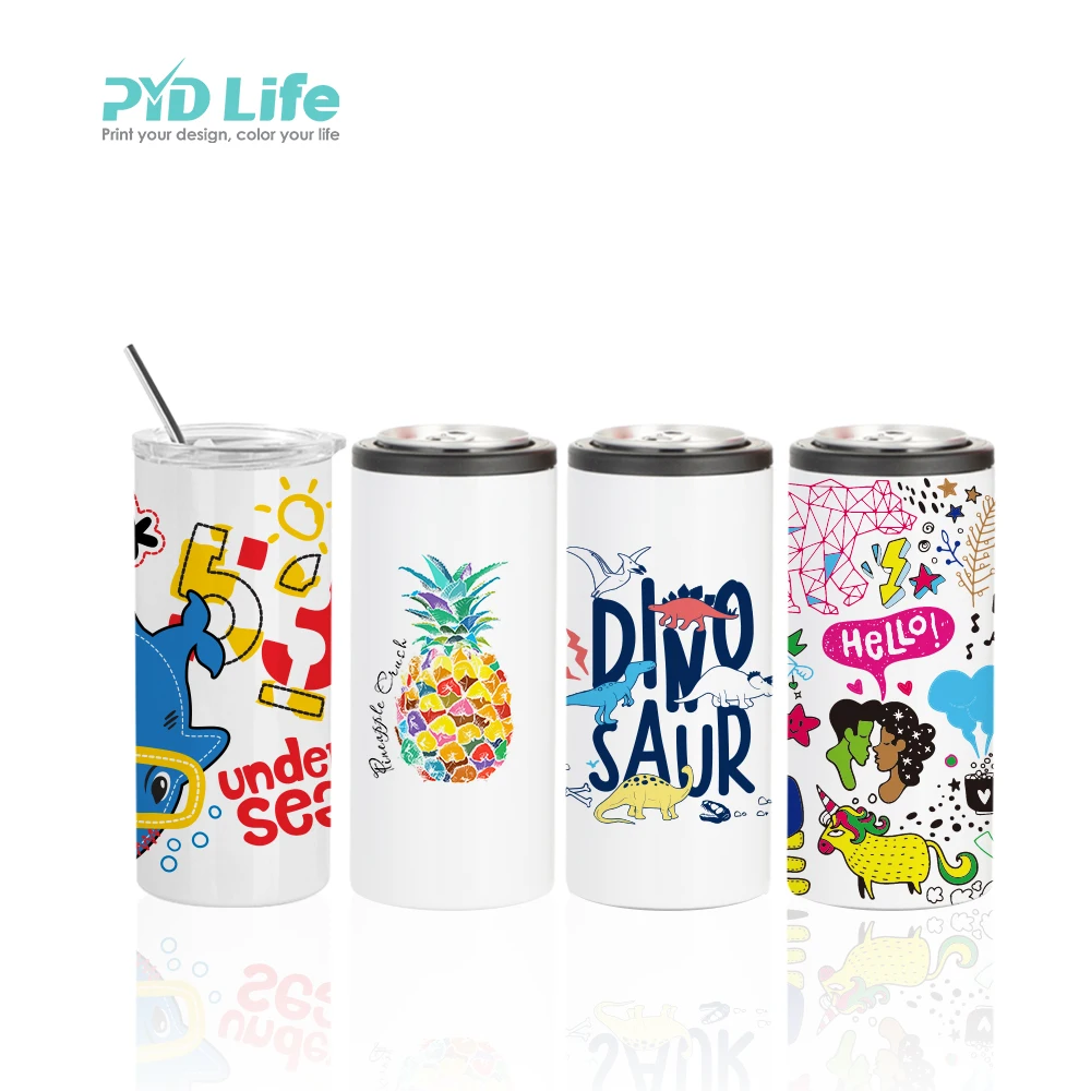 PYD Life Custom Printing 12oz 350 ml 2 in 1 Straw Stainless Steel Sublimation can Cooler Color Tumbler