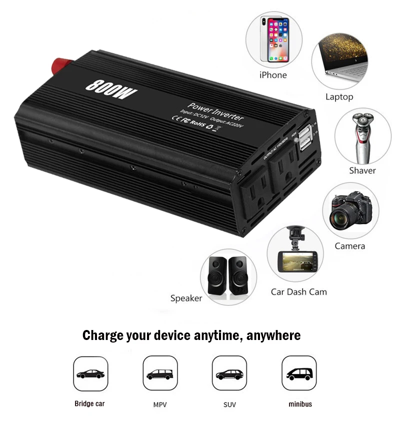 Автомобильный инвертор shenpu, 800 Вт, 12 В постоянного тока до 110 В переменного тока, 2 порта USB