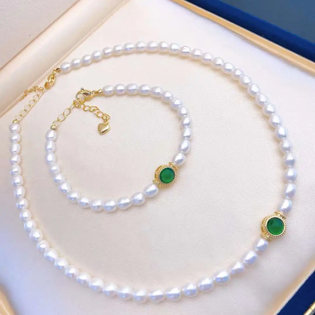 Fashion Trend Emerald Rice Pearl Necklace Bracelet Set Lady Pearl Jewelry Natural with 5-6mm CLASSIC Jewelry Sets for Women 69