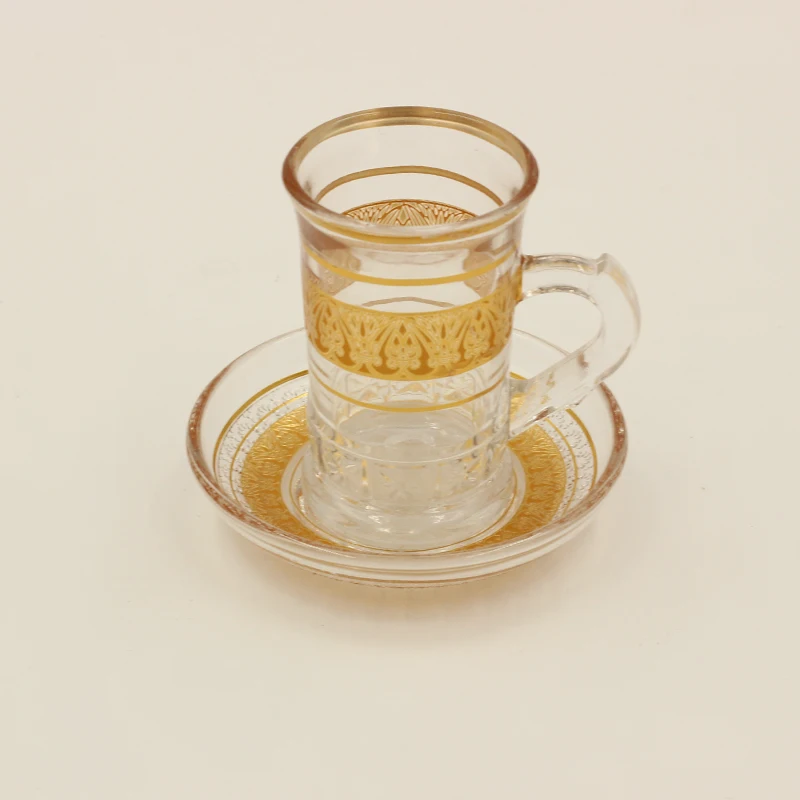 Clean glass handmade blown arabic turkish tea cup sets golden line