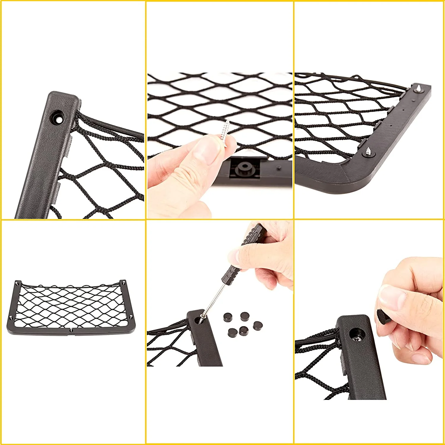 Car Storage Net Bag, ABS Plastic Frame pocket with Stretchable Mesh Net, Universal String Bag Car Seat Side Back Stick-on for Pu