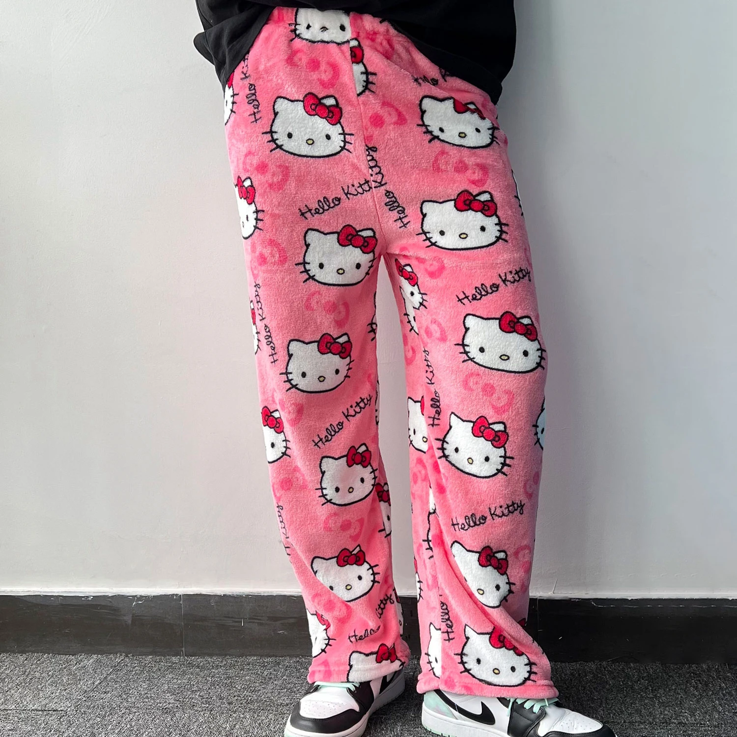 Wholesale  Anime KT Cat Pajama Pants Kids Home Trousers Cartoon Coral Fleece Soft Trousers Women Casual Home Pants
