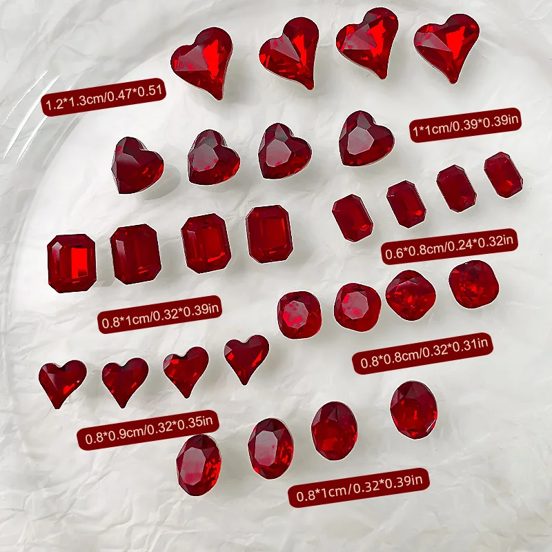 Red Nail Art Rhinestones Mixed Sizes 3D Crystal Glass Nail Decorations Heart Square Oval Octagon Shapes DIY Nail Art Accessories