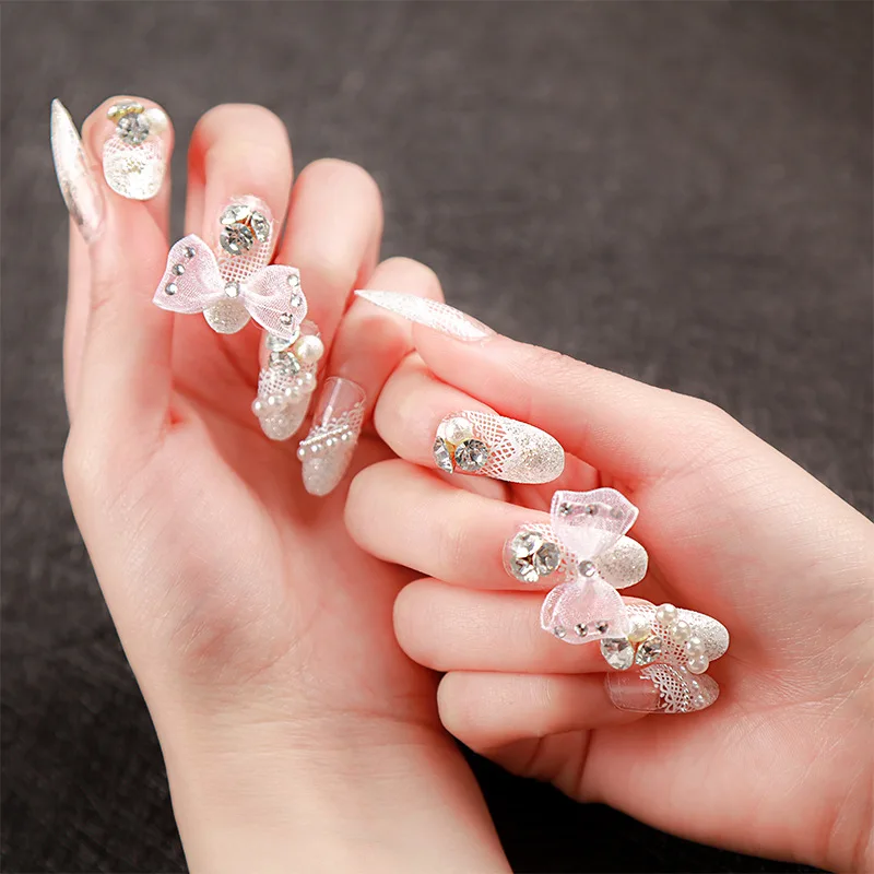2022 Wholesale Beautiful Press On 24pcs 3D Wedding Nails Diamond Artificial Fingernails For Women