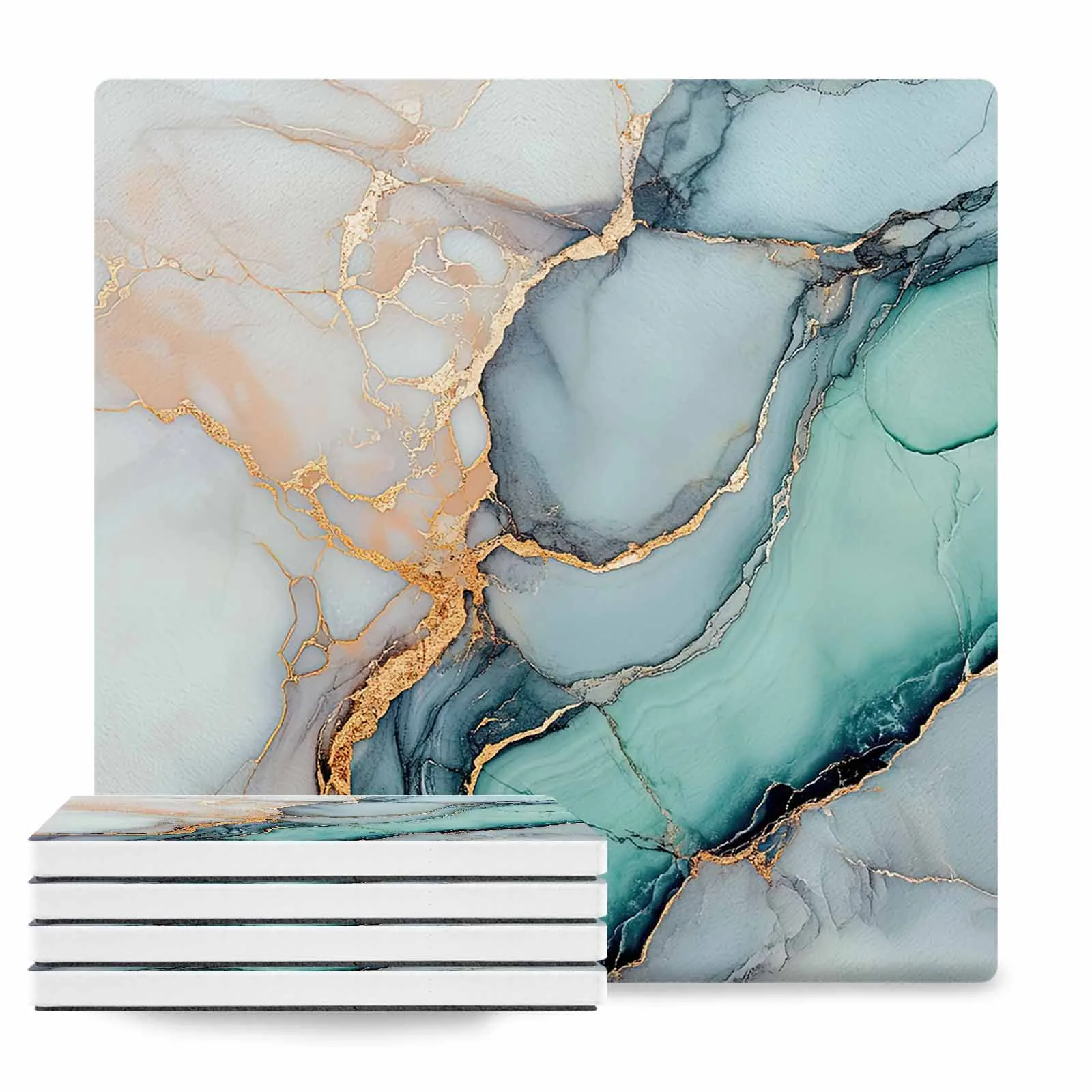 OEM Worn Wood Absorbent Square Marble Pattern Coaster Ceramic Stone Mat with Cork Base and Metal Holder Gift for Housewarming