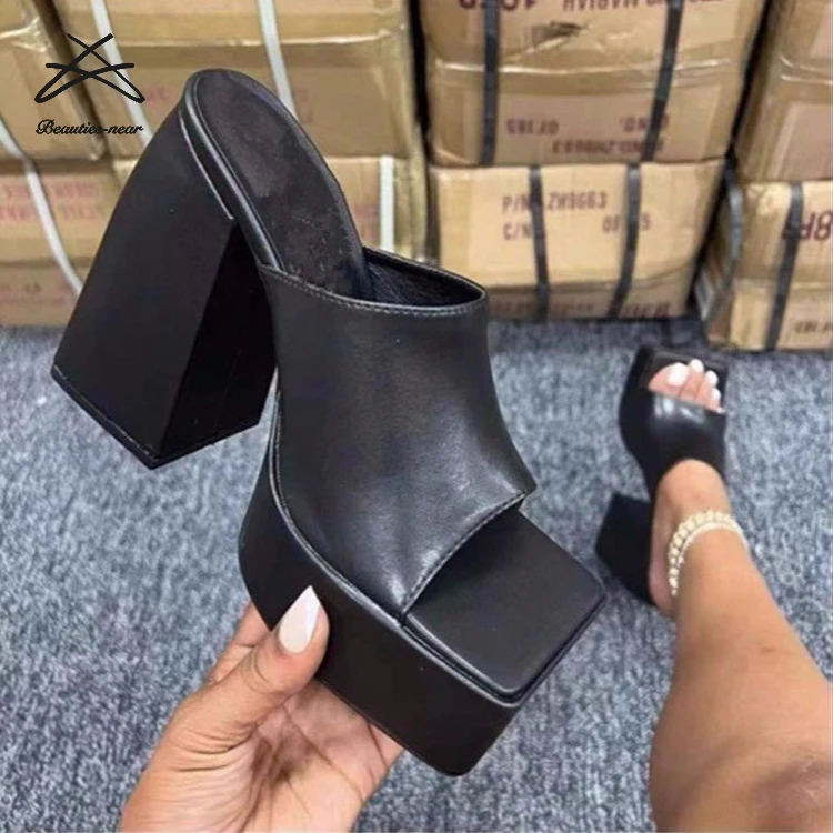 2024 New Women Square Toe Thick Sole Big Chunky High Heels Ladies Wedge Platform Sandals Stripper Shoes Slide Sandals Shoes