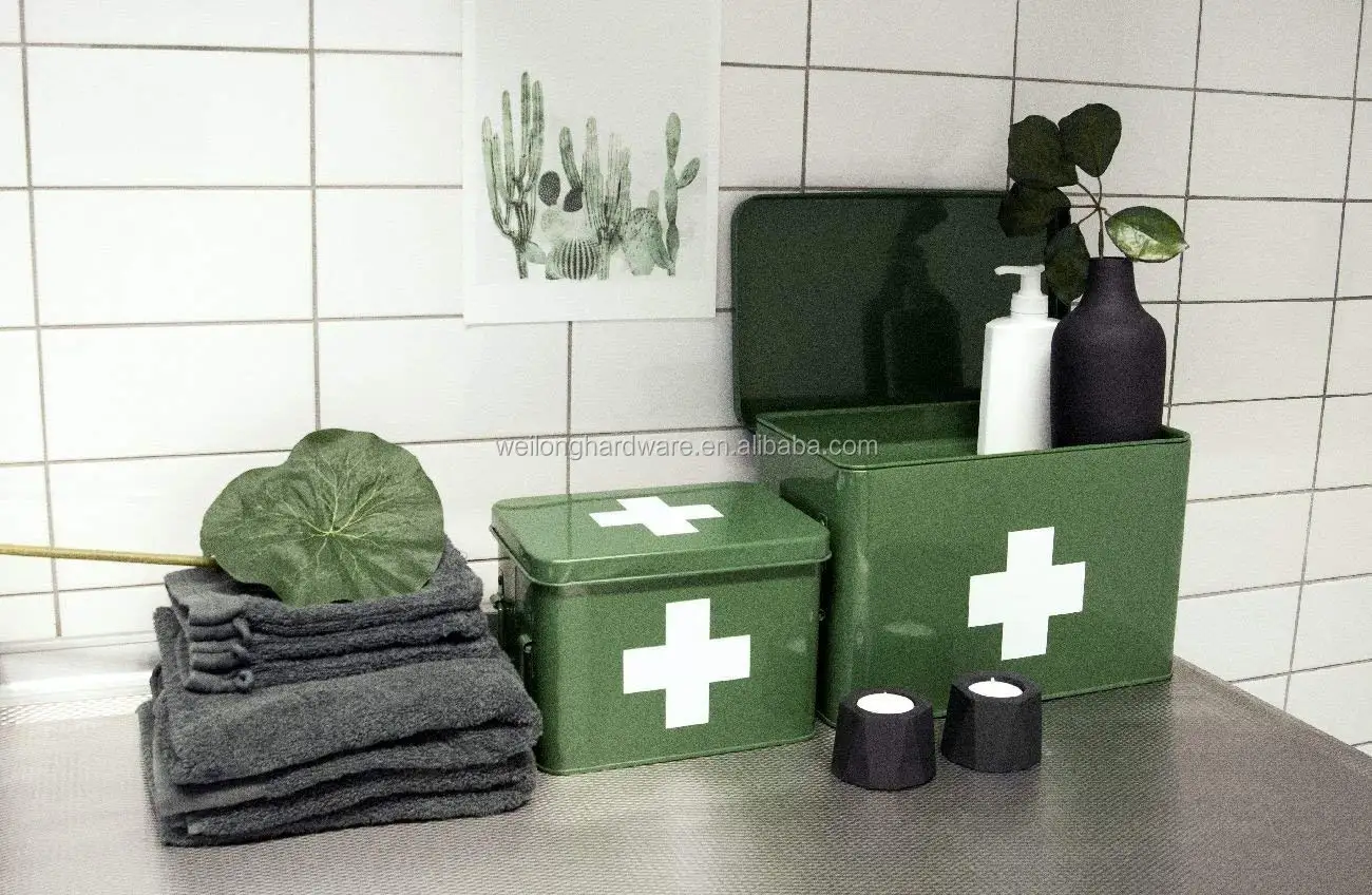 Metal Large Medicine Storage Box Home First Aid Tin with Double Layer and Compartments