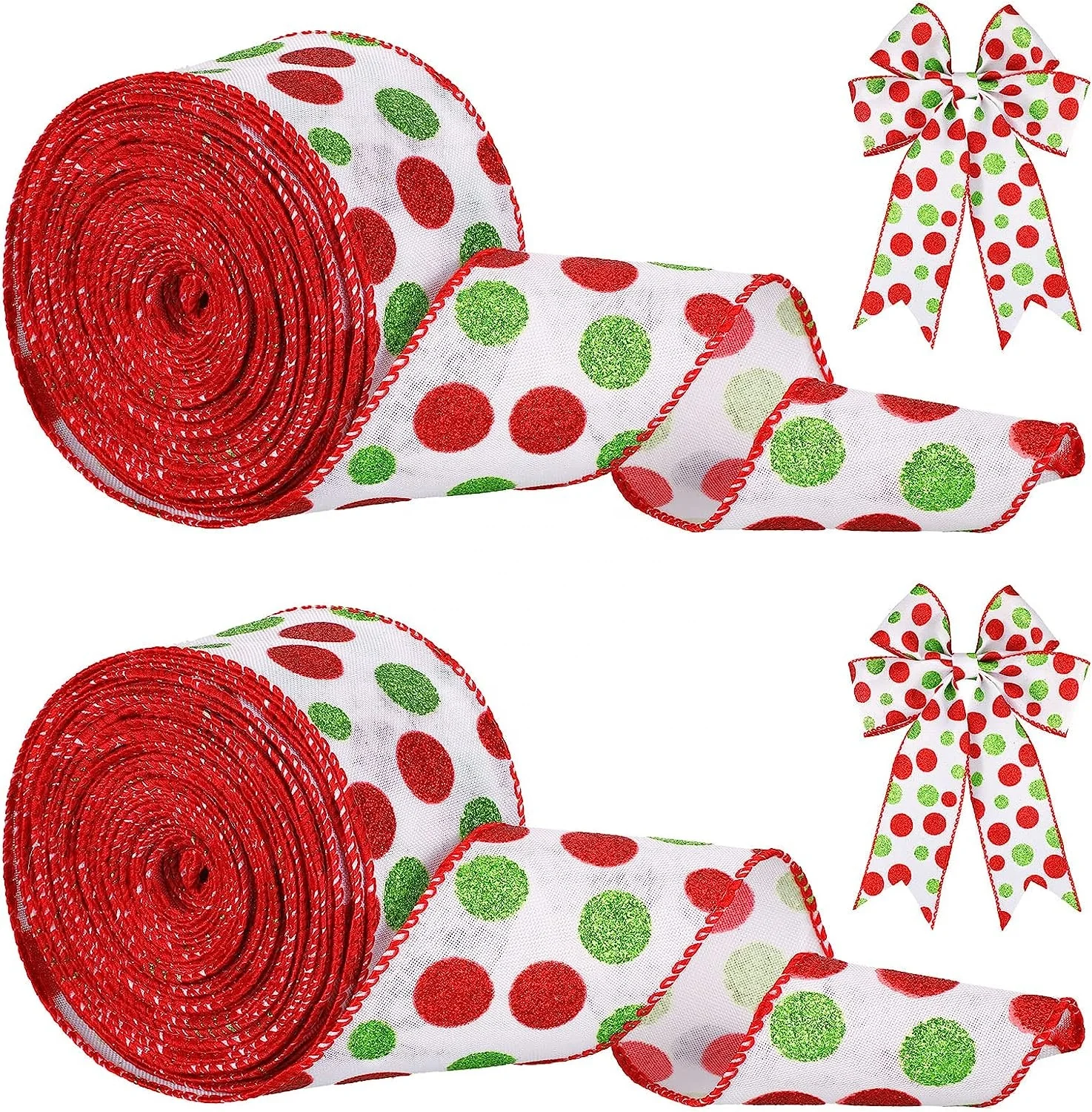 OKAY Christmas Glitter Green Red Polka Dot Printed  Wired Edge Burlap Decorative Ribbons for DIY Craft Bows
