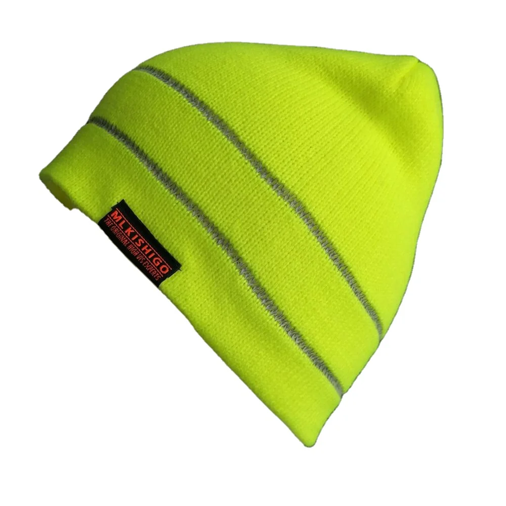 OEM sports acrylic knit fluorescent hat with reflective yarn